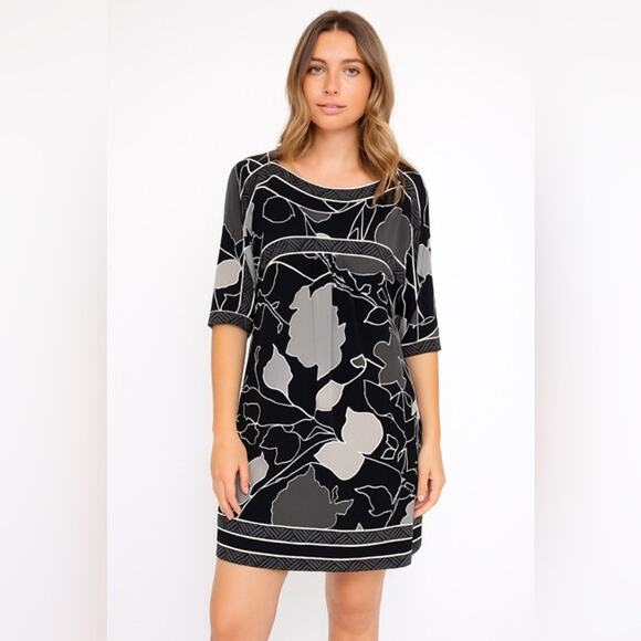 BCBGMAXAZRIA Black & Grey Shift Dress Kimono Oriental Medium Classic Career Fall - Picture 1 of 7